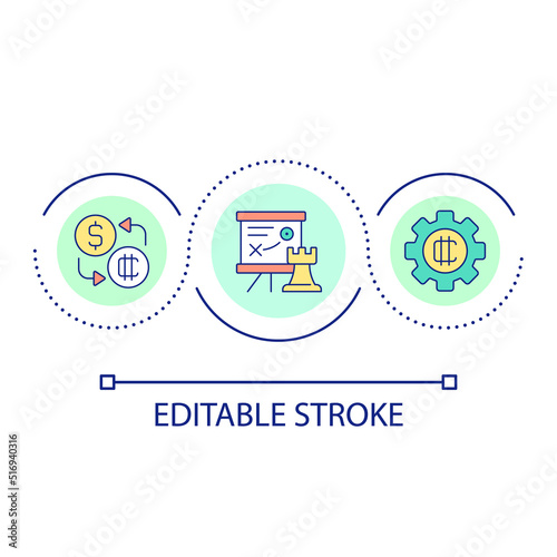 Build crypto trade strategy loop concept icon. Stock market analytics. Blockchain and mining abstract idea thin line illustration. Isolated outline drawing. Editable stroke. Arial font used