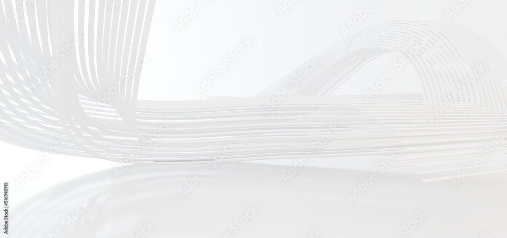Luxury white abstract architectural minimalistic background. Contemporary showroom. Modern exhibition stand. Empty gallery. Backlight. Polygonal Graphic Design. 3D illustration and rendering.