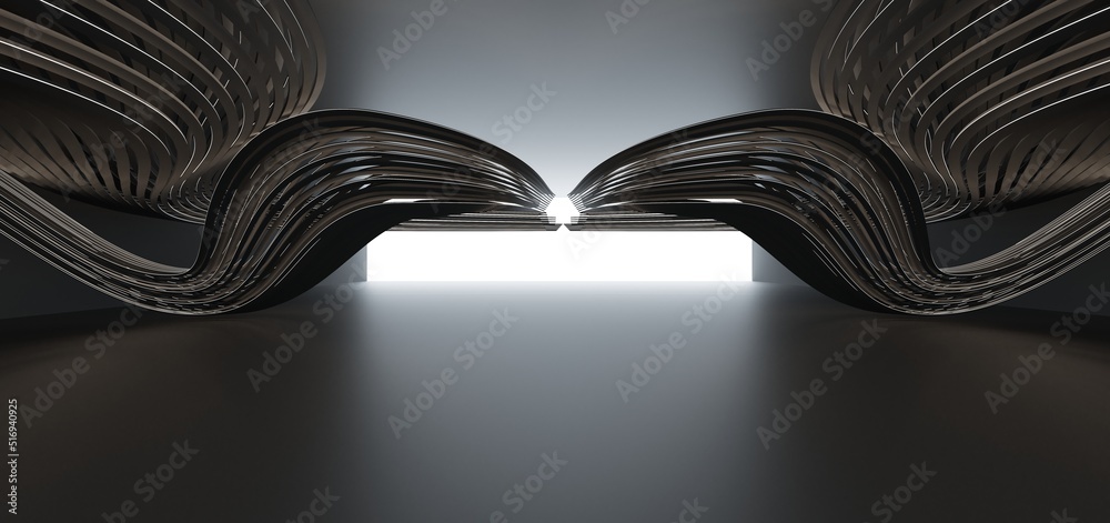 Luxury parametric abstract architectural minimalistic background. Contemporary showroom. Modern black exhibition tunnel. Empty gallery. Neon backlight. Night. Space. 3D illustration and rendering.