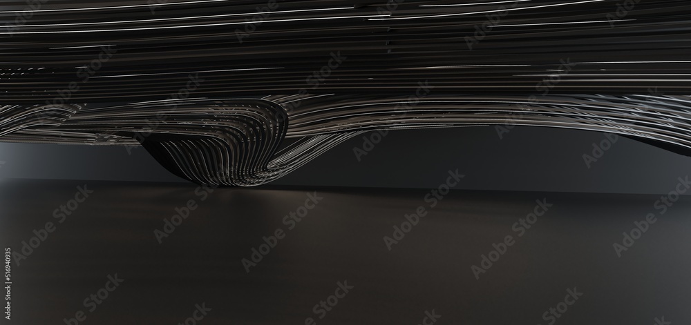 Luxury parametric abstract architectural minimalistic background. Contemporary showroom. Modern black exhibition tunnel. Empty gallery. Neon backlight. Night. Space. 3D illustration and rendering.