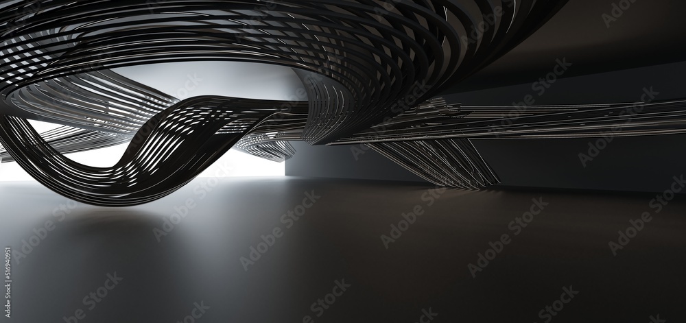 Luxury parametric abstract architectural minimalistic background. Contemporary showroom. Modern black exhibition tunnel. Empty gallery. Neon backlight. Night. Space. 3D illustration and rendering.