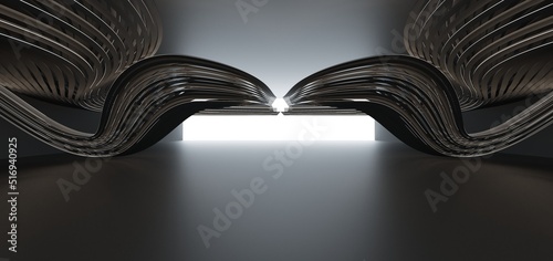 Obraz na płótnie Luxury parametric abstract architectural minimalistic background. Contemporary showroom. Modern black exhibition tunnel. Empty gallery. Neon backlight. Night. Space. 3D illustration and rendering. w salonie