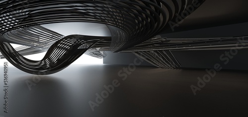 Obraz na płótnie Luxury parametric abstract architectural minimalistic background. Contemporary showroom. Modern black exhibition tunnel. Empty gallery. Neon backlight. Night. Space. 3D illustration and rendering. w salonie