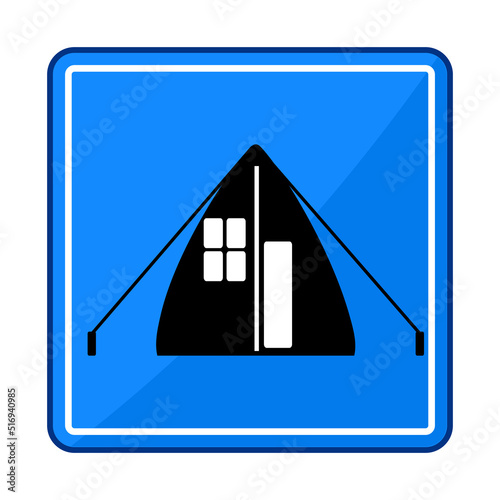 Road sign with tent isolated on white background. Tent icon. Camping area road sign. Blue square service mark for campsite and lodging for night. Roadsign for tourist rest place. Vector illustration