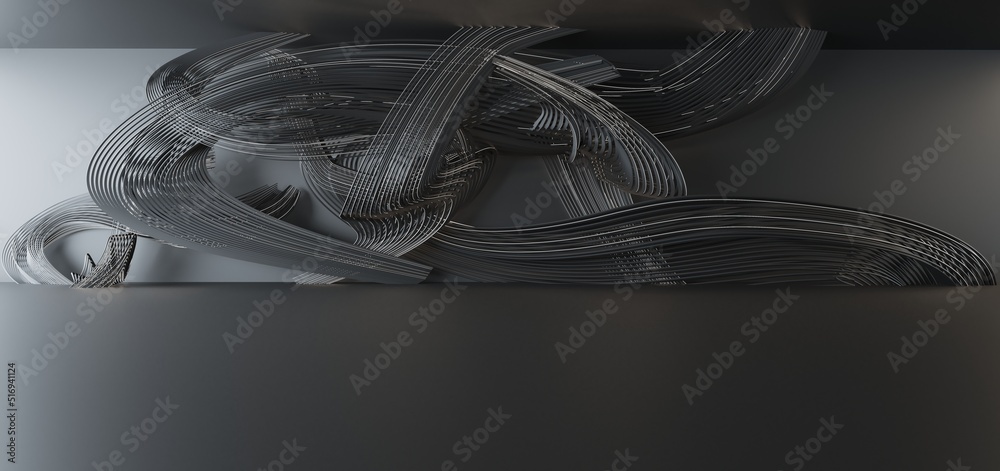Luxury parametric abstract architectural minimalistic background. Contemporary showroom. Modern black exhibition tunnel. Empty gallery. Stand, table. Interior backlight. 3D illustration and rendering.