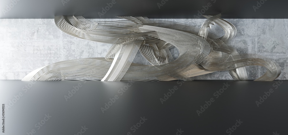 Luxury parametric abstract architectural minimalistic background. Contemporary showroom. Modern black exhibition tunnel. Empty gallery. Stand, table. Interior backlight. 3D illustration and rendering.