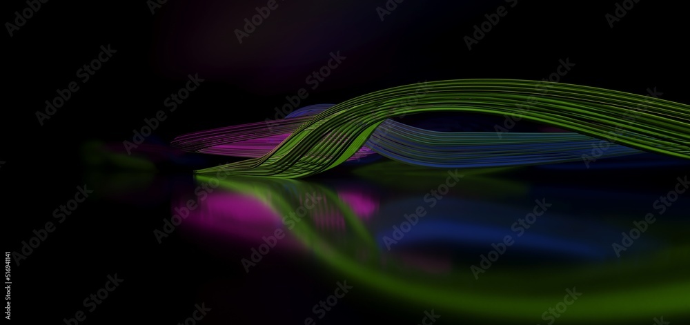 Abstract architectural minimalistic background. Laser show in the ultraviolet spectrum. Modern impulse tunnel. Futuristic space sci-fi frame neon backlight. 3D illustration and rendering.