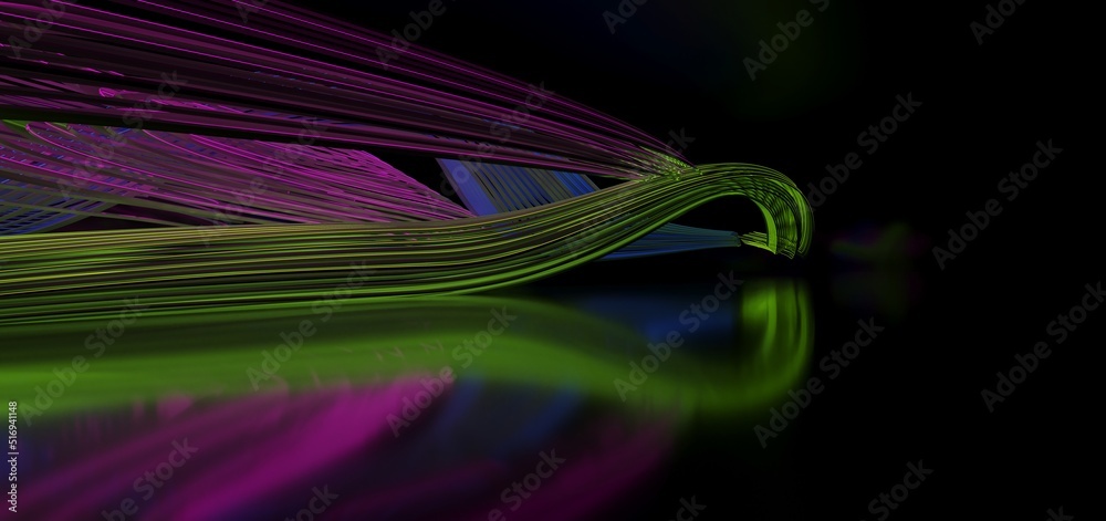 Abstract architectural minimalistic background. Laser show in the ultraviolet spectrum. Modern impulse tunnel. Futuristic space sci-fi frame neon backlight. 3D illustration and rendering.