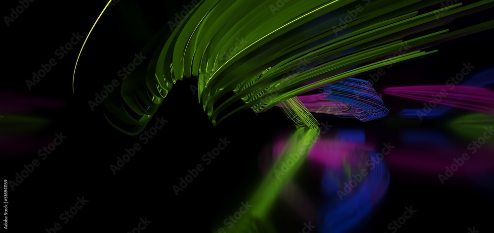 Abstract architectural minimalistic background. Laser show in the ultraviolet spectrum. Modern impulse tunnel. Futuristic space sci-fi frame neon backlight. 3D illustration and rendering.