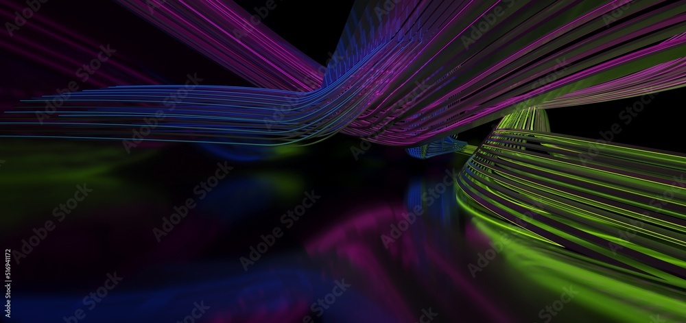 Abstract architectural minimalistic background. Laser show in the ultraviolet spectrum. Modern impulse tunnel. Futuristic space sci-fi frame neon backlight. 3D illustration and rendering.