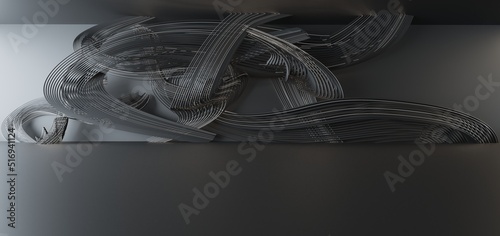 Obraz na płótnie Luxury parametric abstract architectural minimalistic background. Contemporary showroom. Modern black exhibition tunnel. Empty gallery. Stand, table. Interior backlight. 3D illustration and rendering. w salonie
