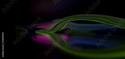 Abstract architectural minimalistic background. Laser show in the ultraviolet spectrum. Modern  impulse tunnel. Futuristic space sci-fi frame neon backlight. 3D illustration and rendering.