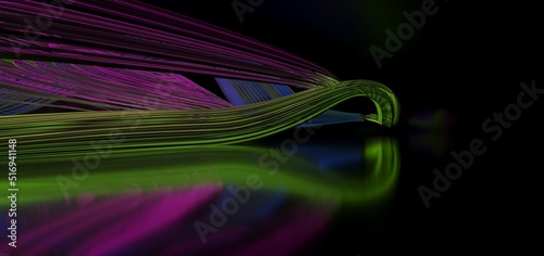 Obraz na płótnie Abstract architectural minimalistic background. Laser show in the ultraviolet spectrum. Modern impulse tunnel. Futuristic space sci-fi frame neon backlight. 3D illustration and rendering. w salonie