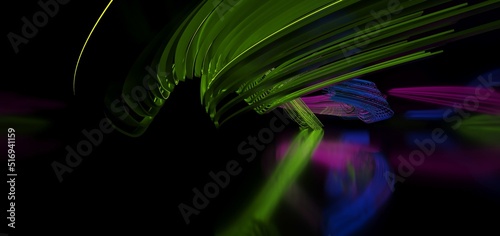 Obraz na płótnie Abstract architectural minimalistic background. Laser show in the ultraviolet spectrum. Modern impulse tunnel. Futuristic space sci-fi frame neon backlight. 3D illustration and rendering. w salonie
