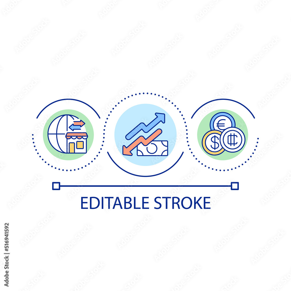 Currency exchange loop concept icon. Weak and strong currency. Banknotes value. Inflation abstract idea thin line illustration. Isolated outline drawing. Editable stroke. Arial font used