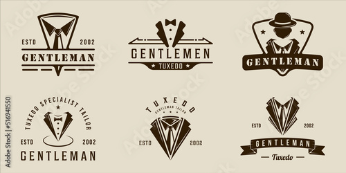 set of tie tuxedo logo vector vintage illustration template icon graphic design. bundle collection of various suit masculine and gentleman fashion sign or symbol for professional tailor or designer