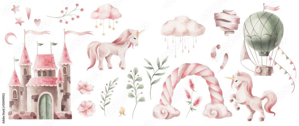 Watercolor set illustratios with unicorn and castle and balloon isolated on transparent. Cute watercolor illustrations for girls. - obrazy, fototapety, plakaty 