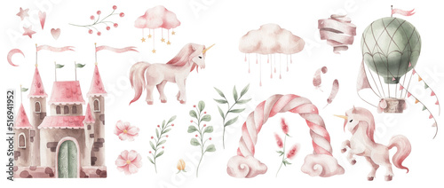 Watercolor set illustratios with unicorn and castle and balloon isolated on transparent. Cute watercolor illustrations for girls.