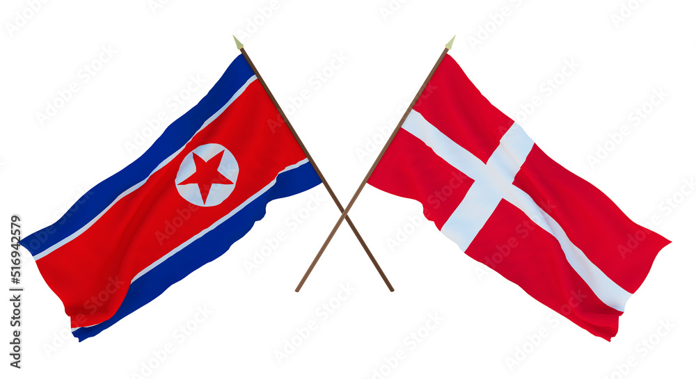 Background for designers, illustrators. National Independence Day. Flags North Korea and Denmark