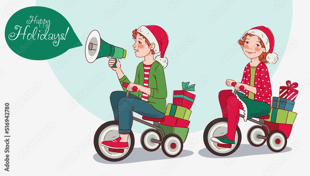 Cute boy and girl rides on bicycle. Funny boy shouting on the megaphone. Christmas illustration vector concept