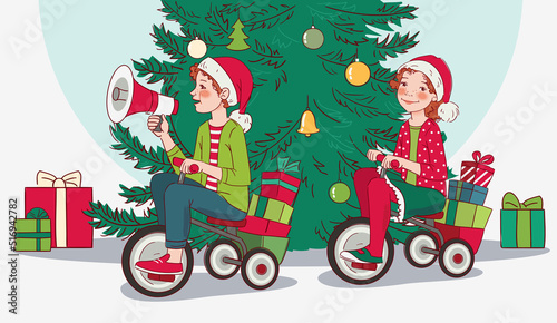 Cute boy and girl rides on bicycle. Funny boy shouting on the megaphone. Christmas illustration vector concept
