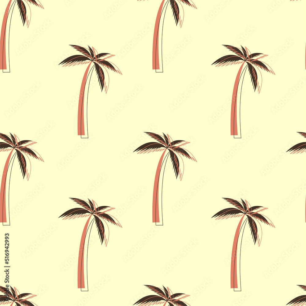 Palm tree seamless pattern on the light yellow background. Vector design.