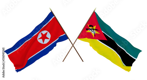 Background for designers, illustrators. National Independence Day. Flags North Korea and Mozambique