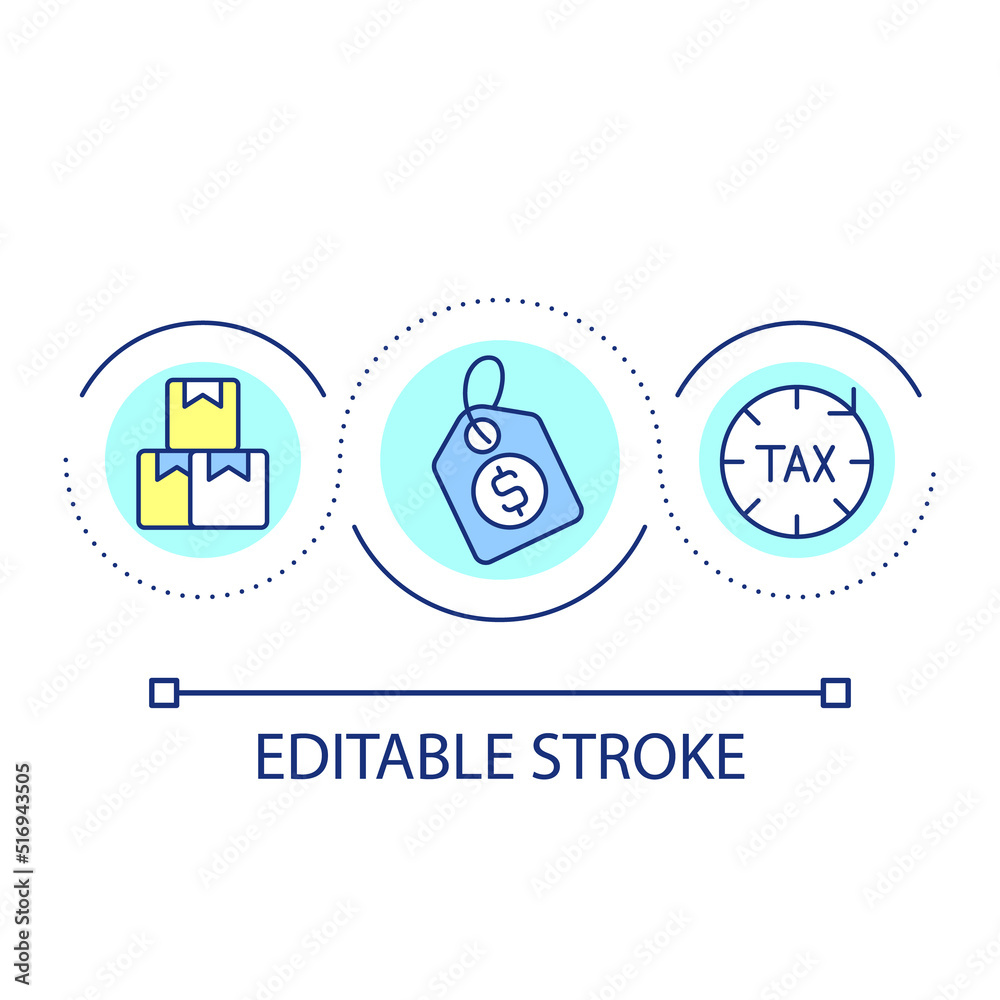 Sales tax loop concept icon. Purchase price allocation abstract idea thin line illustration. Taxable retail sales. Selling goods. Isolated outline drawing. Editable stroke. Arial font used Sales tax loop concept icon. Purchase price allocation abstract idea thin line illustration. Taxable retail sales. Selling goods. Isolated outline drawing. Editable stroke. Arial font used