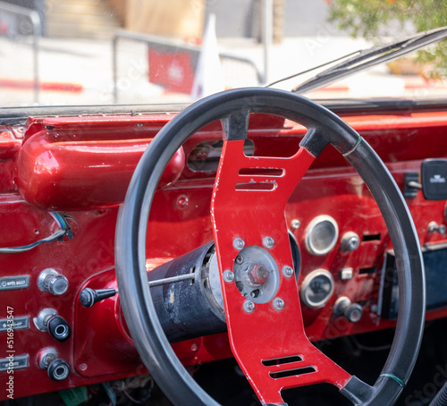 Steering wheel and dashboard of an vintage off-road vehicle