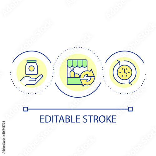 Regular food procurement loop concept icon. Product purchase contract abstract idea thin line illustration. Retail store management. Isolated outline drawing. Editable stroke. Arial font used