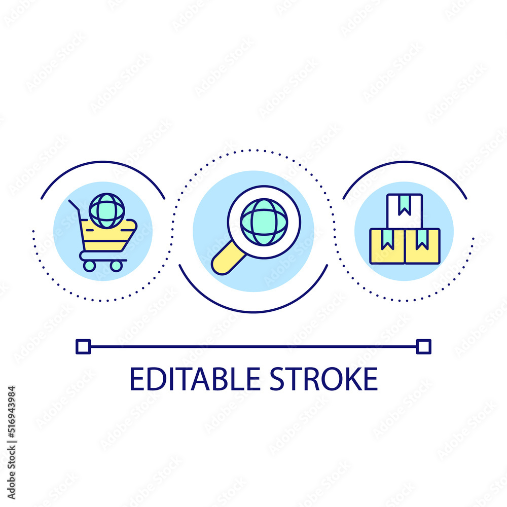 Importing foreign goods loop concept icon. Selling items internationally abstract idea thin line illustration. Global market. Supply chain. Isolated outline drawing. Editable stroke. Arial font used Importing foreign goods loop concept icon. Selling items internationally abstract idea thin line illustration. Global market. Supply chain. Isolated outline drawing. Editable stroke. Arial font used