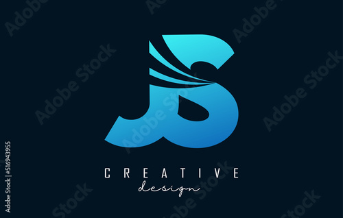 Creative blue letters JS j s logo with leading lines and road concept design. Letters with geometric design.