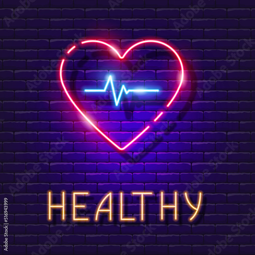 Heart with pulse neon sign. Healthy lesson glowing vector symbol.
