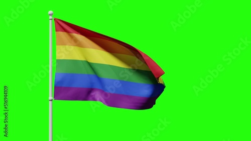 Gay Pride Flag with rainbow stripes flutters in the wind against a green screen chroma key. freedom and bisexuality concept
