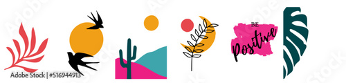 Collection of modern simple minimalistic abstracts on white background: silhouette of monstera leaves, landscape (mountains, sun and cactus), flying swallows, moon and text be positive