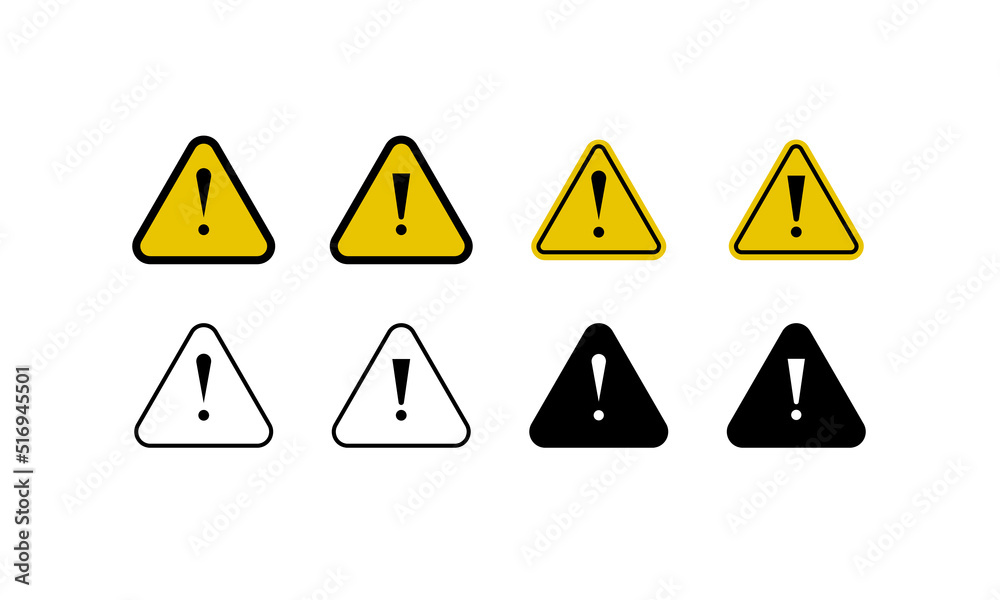 Exclamation mark of warning attention icon. Caution alarm set, danger sign collection, attention vector icon. Vector illustration. Exclamation mark of warning attention icon. Caution alarm set, danger sign collection, attention vector icon. Vector illustration.