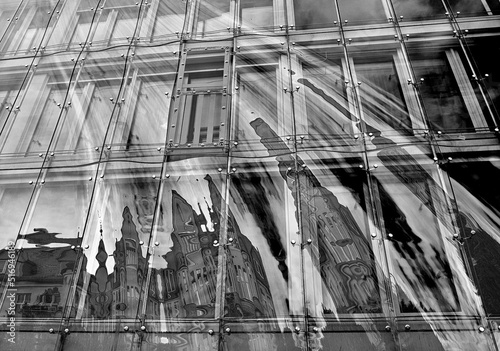 Abstract architecture detail reflects on the window in black and white