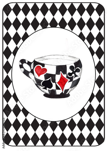 Alice in Wonderland Watercolor hand drawn  characters on Grunge vintage  black and white diamond checker circus  banner
