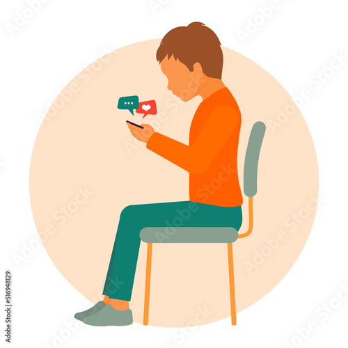 Children with smartphones illustration. Cartoon boy using phones for texting, surfing internet or using social media