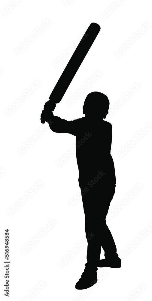 Little angry boy with bat in fight vector silhouette illustration isolated on white background. Kid play game with friend, like a knight with sword in battle. Rubber stick game on children playground.