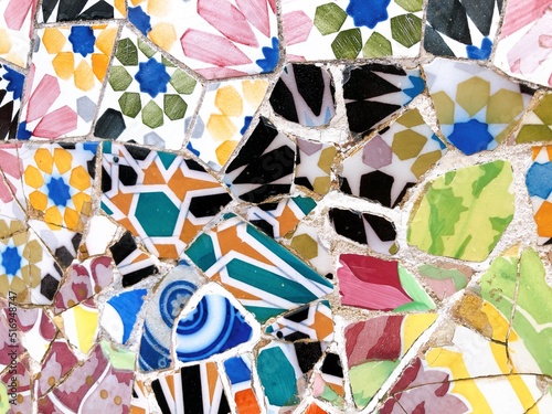 [Spain] Colorful tiles of The serpentine bench in Park Guell (Barcelona)