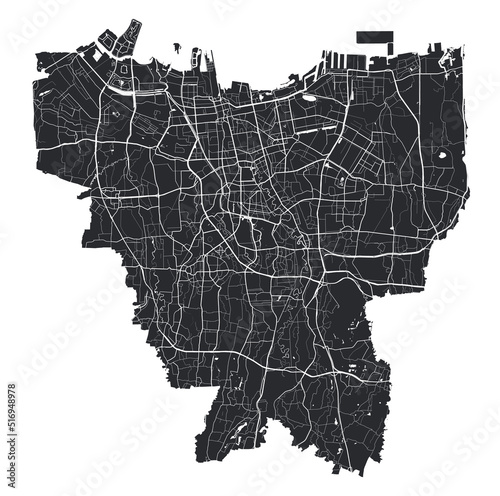 Jakarta vector map. Detailed black map of Jakarta city poster with streets. Cityscape urban vector.