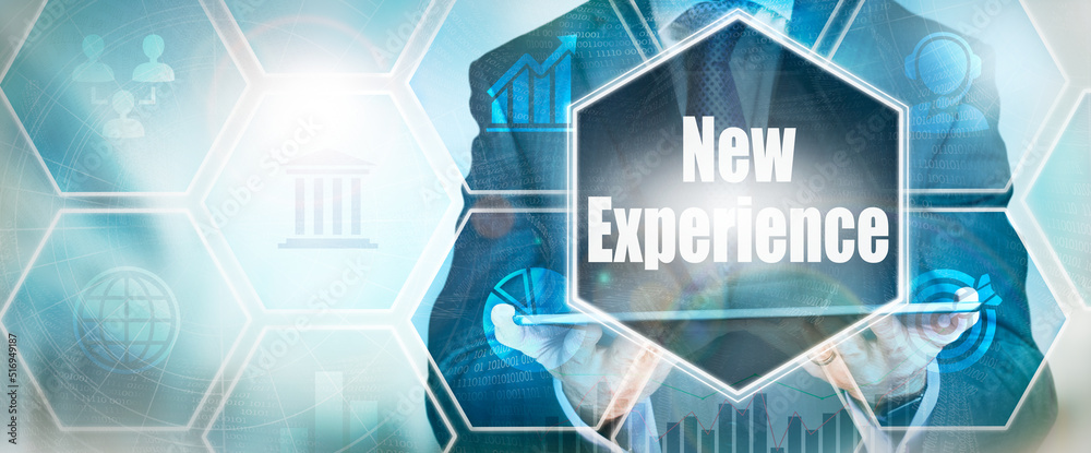 Fototapeta premium A New Experience business word concept on a futuristic blue display.