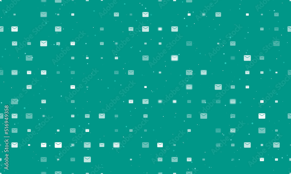 Seamless background pattern of evenly spaced white email symbols of different sizes and opacity. Vector illustration on teal background with stars