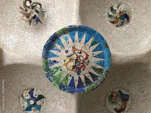 [Spain] The ceiling with tile decoration in The Hypostyle Room in Park Guell (Barcelona)