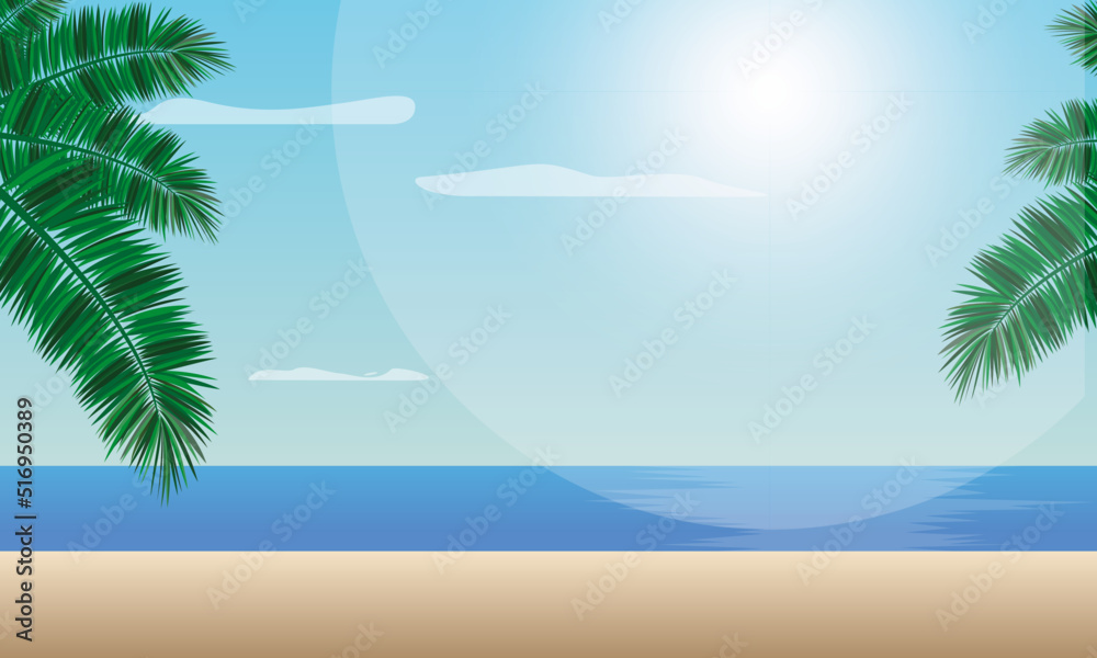 Grafika nadmorskiego krajobrazu, plaża, morze, piasek oraz wakacje w ilustracji wektorowej - obrazy, fototapety, plakaty 