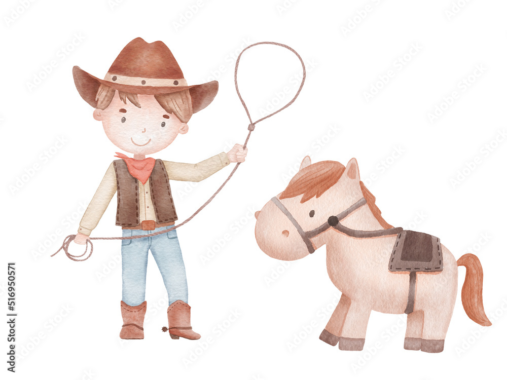 Φωτογραφία Watercolor hand drawn illustration cowboy with rope lasso and little horse