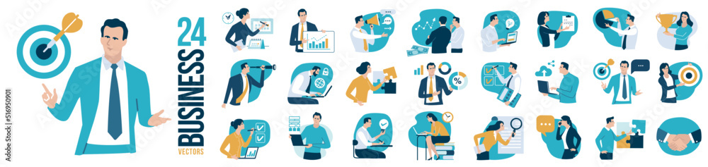 Business people, business work. Set of 24 full color business vector illustrations. 