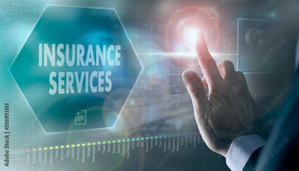 A businessman controlling a futuristic display with a Insurance Services business concept on it. A businessman controlling a futuristic display with a Insurance Services business concept on it.