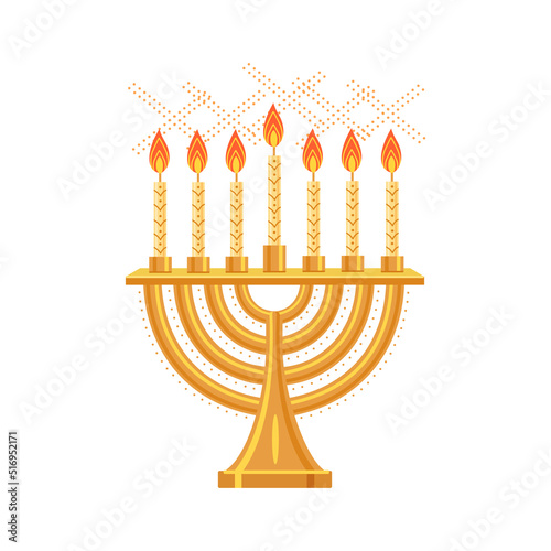 Menorah. Menorah flat illustration. Hanukkah candlestick. A golden seven-horned lamp, or a candlestick for seven candles. Vector illustration isolated on white background